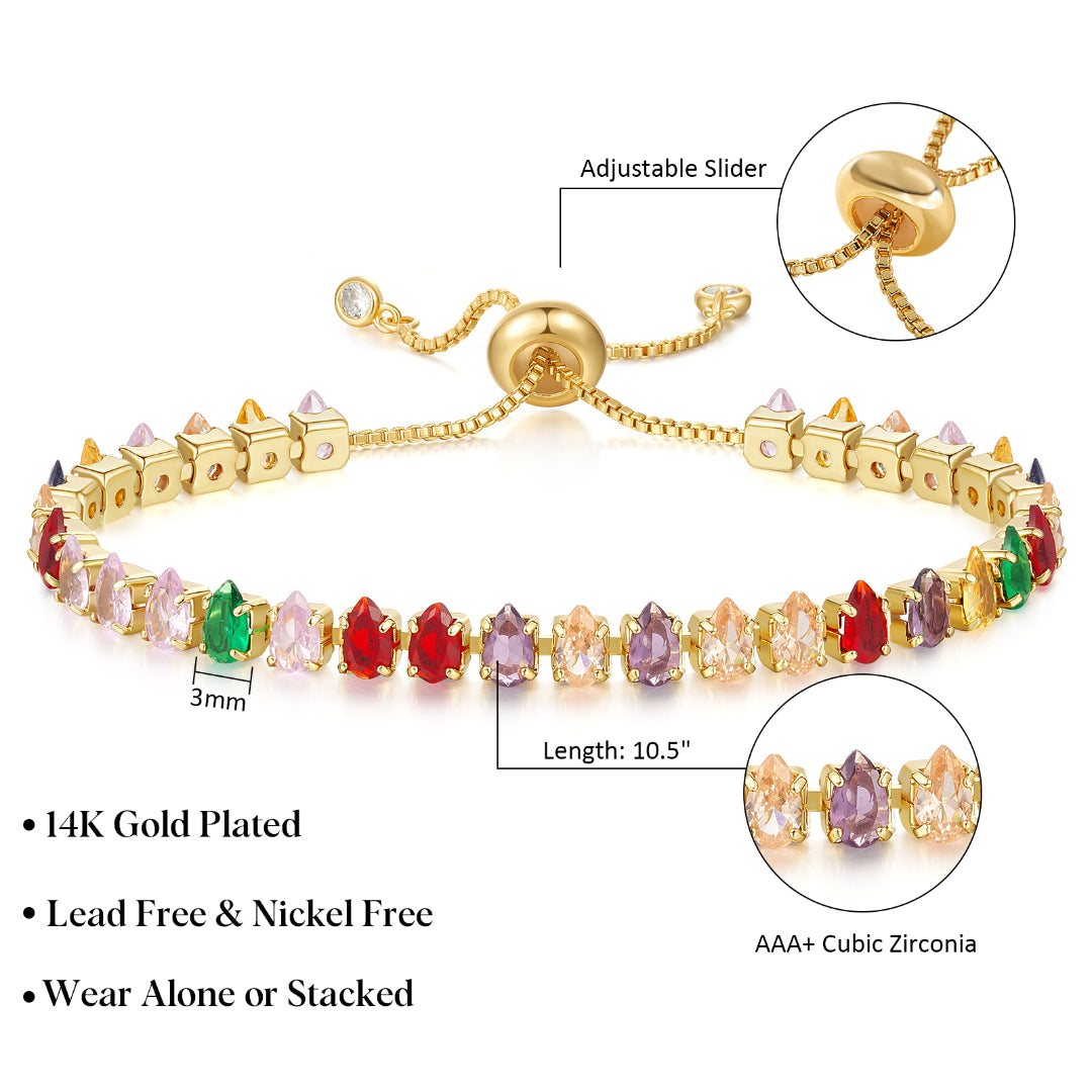 Adjustable Slider Teardrop Tennis Bracelets-Colorful CZ