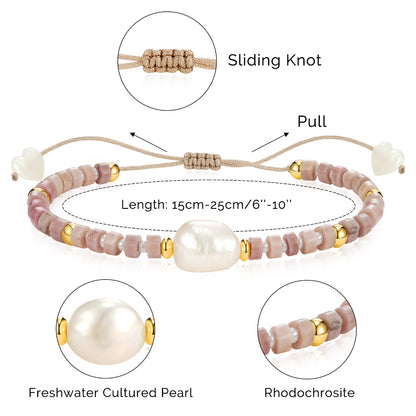 Adjustable Healing Crystal Bracelet Natural Rhodochrosite Beads with Irregular Pearl