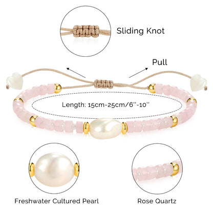 Adjustable Healing Crystal Bracelet Natural Rose Quartz Beads with Irregular Pearl