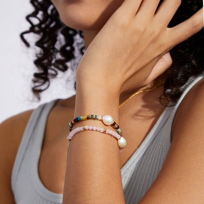 Adjustable Healing Crystal Bracelet Natural Rose Quartz Beads with Irregular Pearl