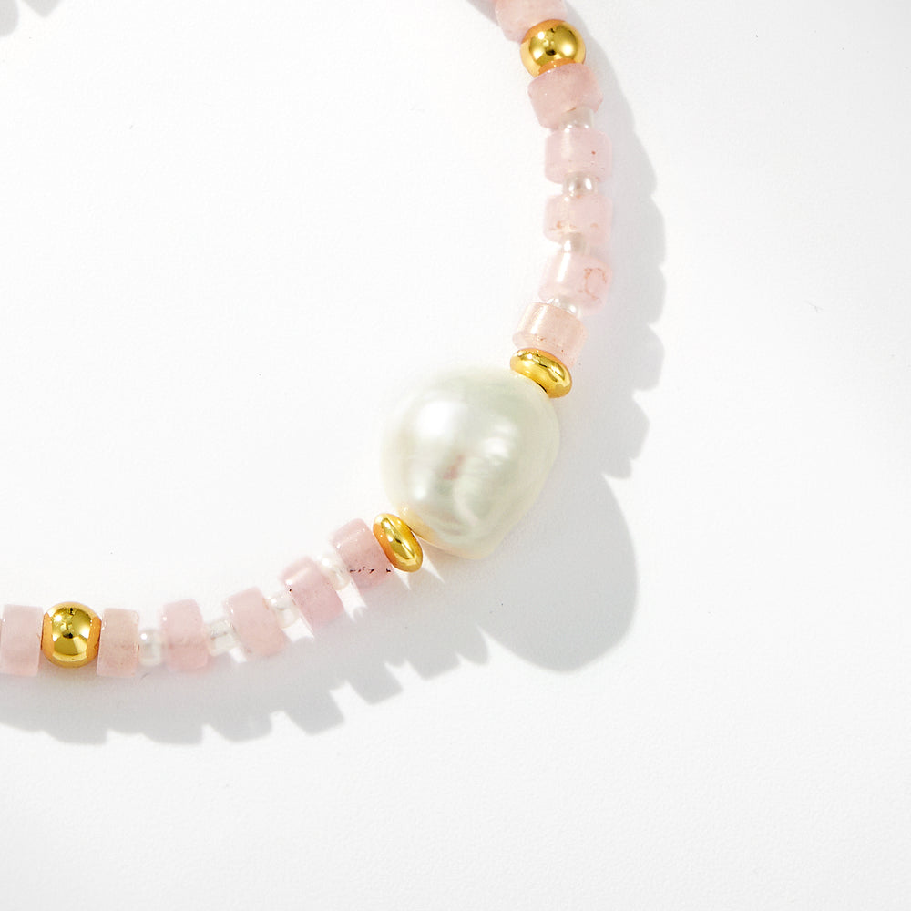 Adjustable Healing Crystal Bracelet Natural Rose Quartz Beads with Irregular Pearl