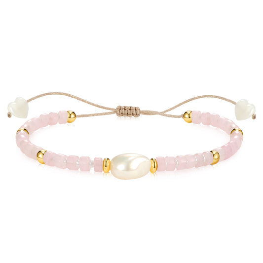 Adjustable Healing Crystal Bracelet Natural Rose Quartz Beads with Irregular Pearl