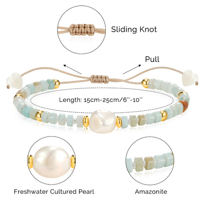 Adjustable Healing Crystal Bracelet Natural Amazonite Beads with Irregular Pearl