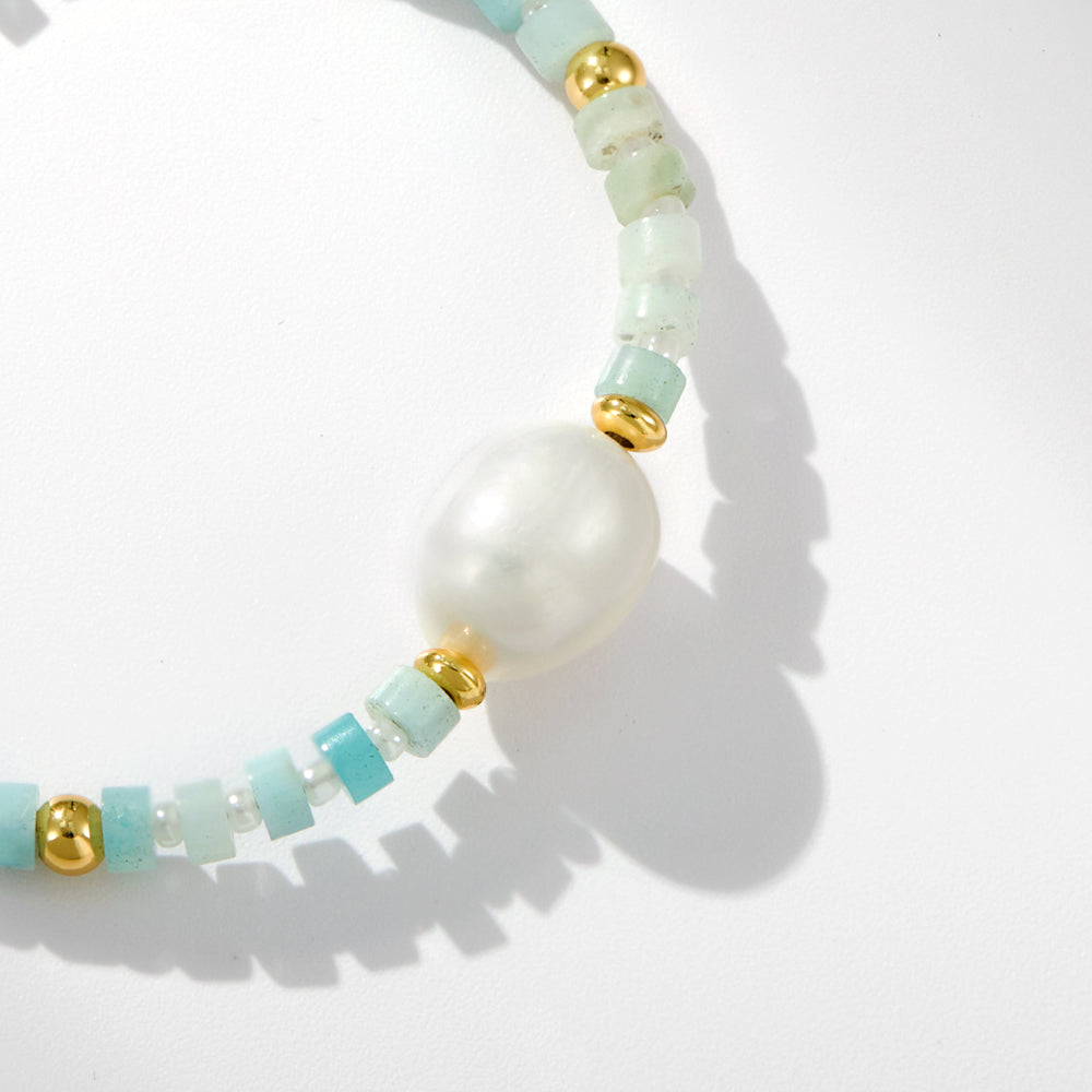 Adjustable Healing Crystal Bracelet Natural Amazonite Beads with Irregular Pearl