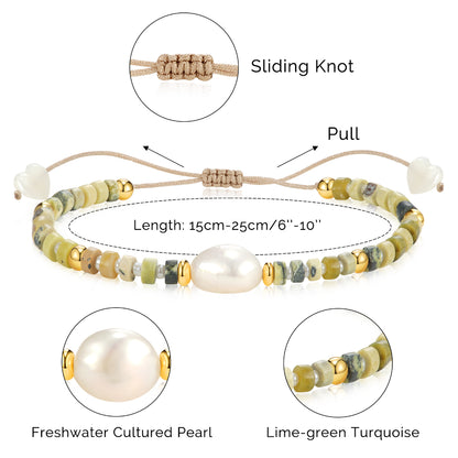 Adjustable Healing Crystal Bracelet Natural Lime-green Turquoise Beads with Irregular Pearl