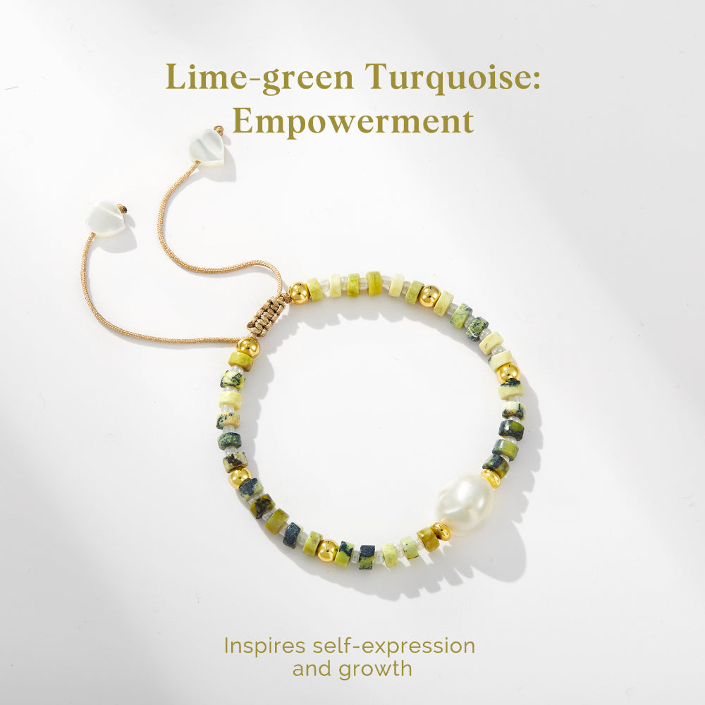 Adjustable Healing Crystal Bracelet Natural Lime-green Turquoise Beads with Irregular Pearl