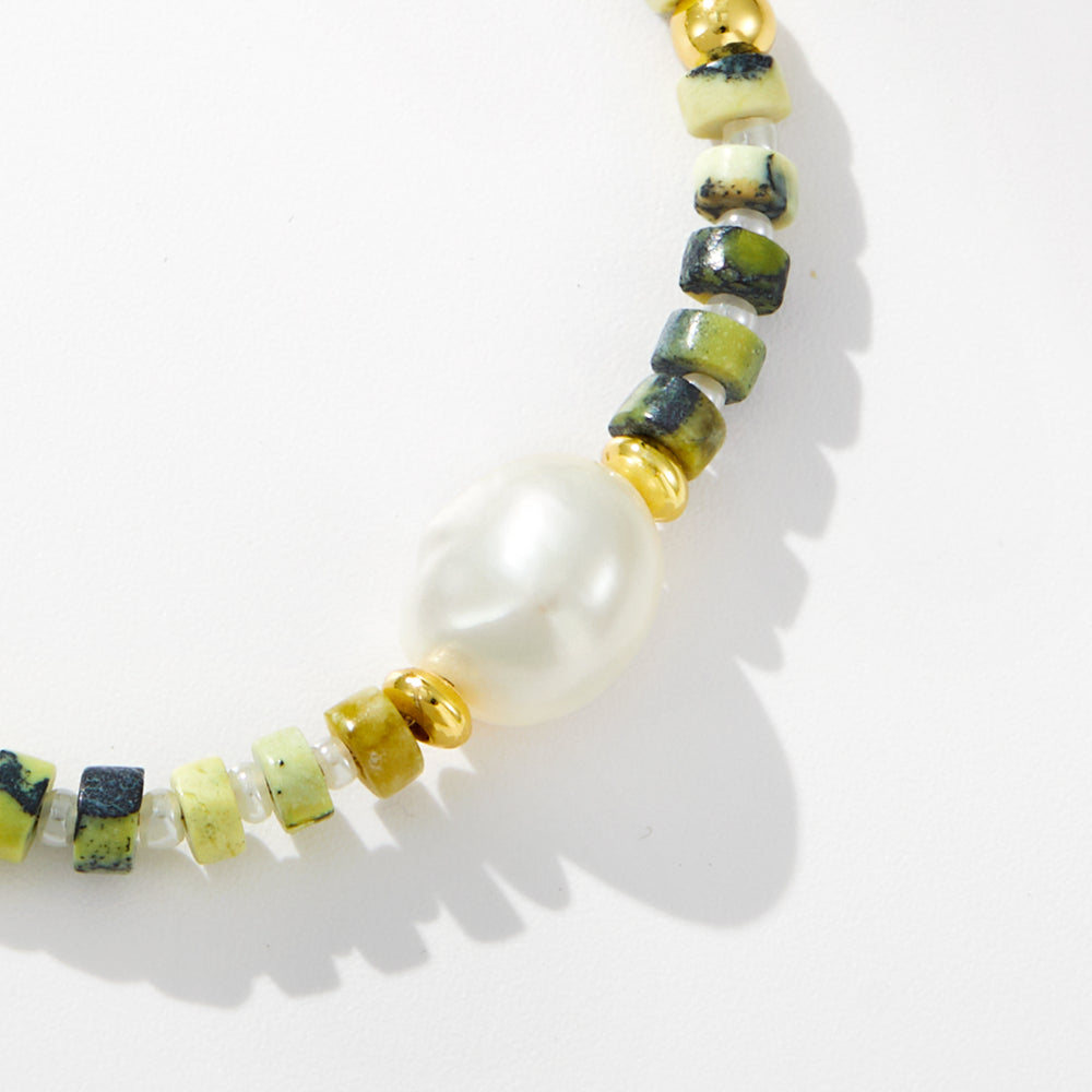 Adjustable Healing Crystal Bracelet Natural Lime-green Turquoise Beads with Irregular Pearl