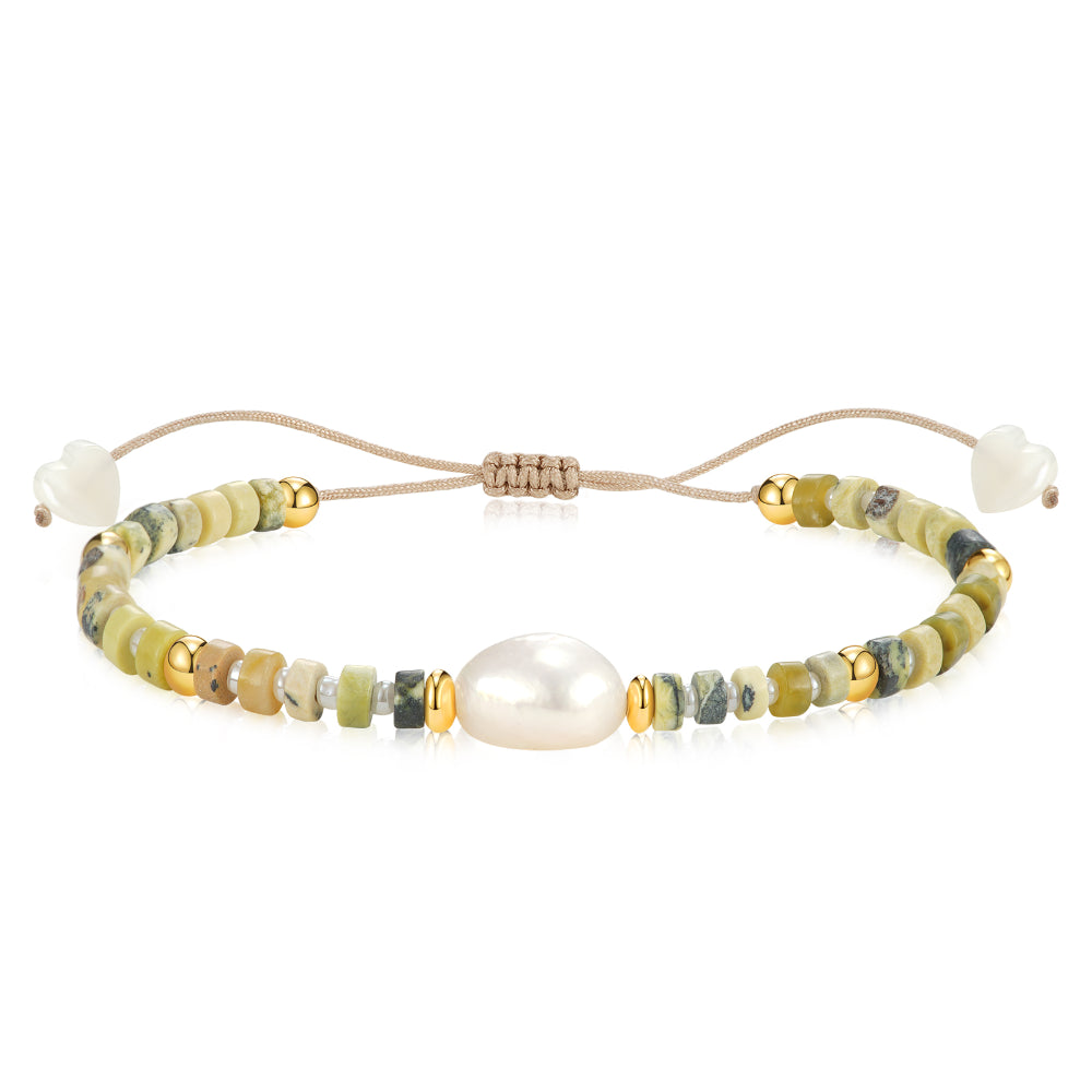 Adjustable Healing Crystal Bracelet Natural Lime-green Turquoise Beads with Irregular Pearl