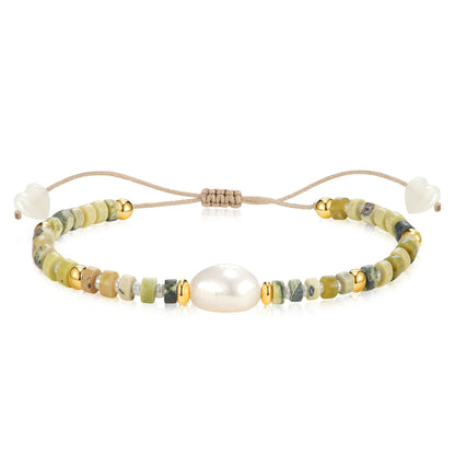 Adjustable Healing Crystal Bracelet Natural Lime-green Turquoise Beads with Irregular Pearl
