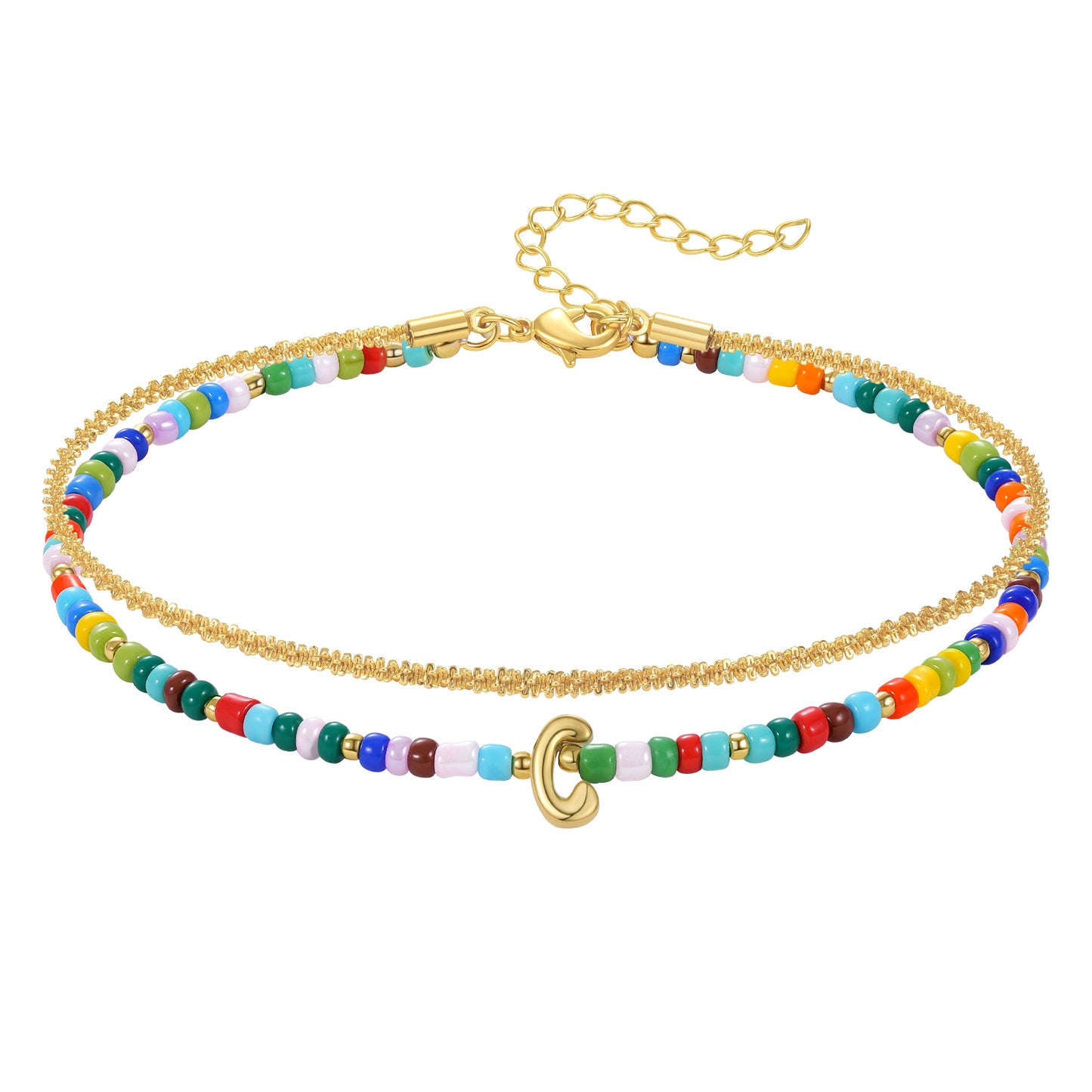Initial Layered Colorful Beaded Anklet 14K Gold Chain