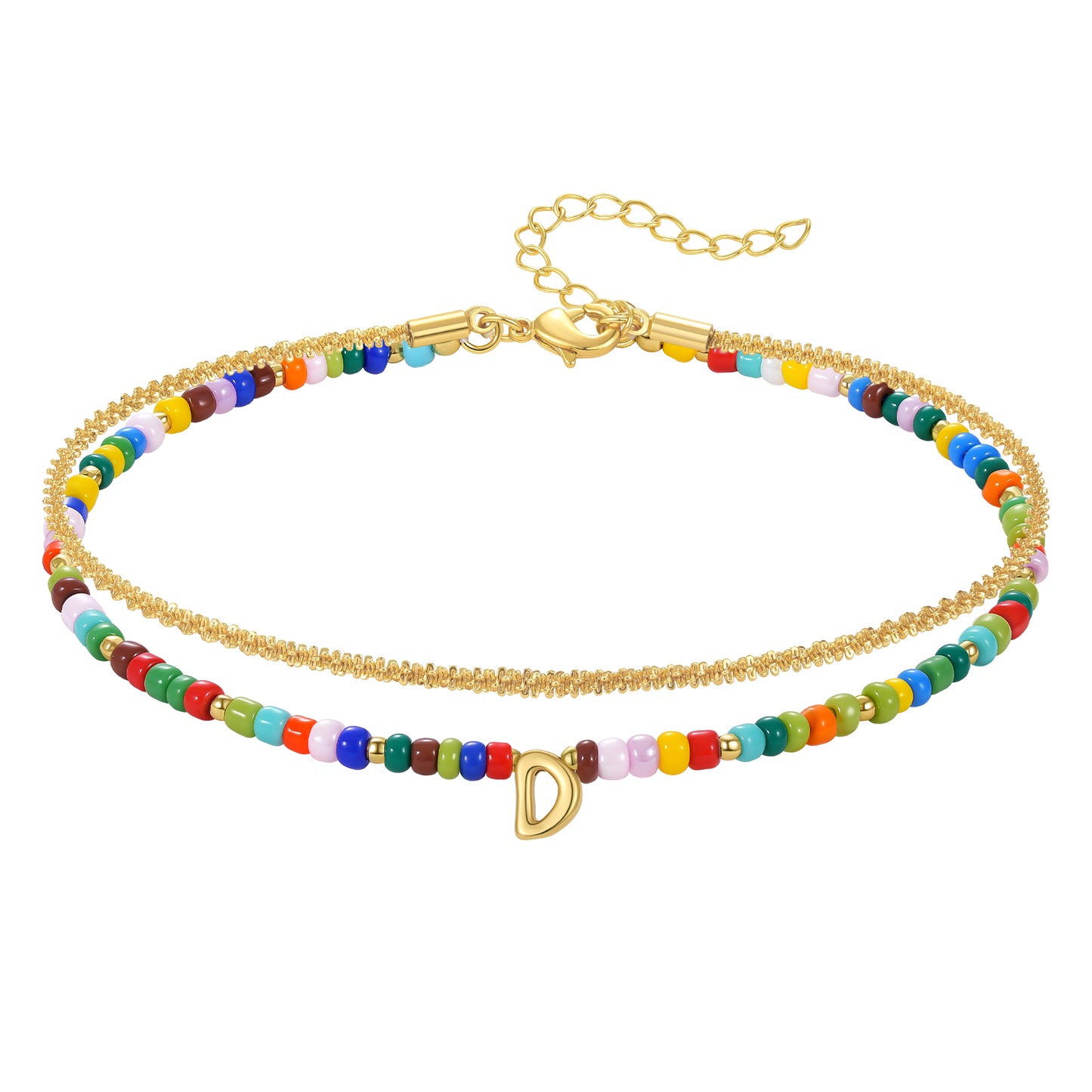 Initial Layered Colorful Beaded Anklet 14K Gold Chain