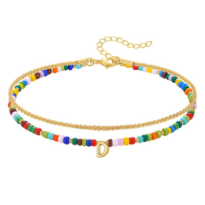 Initial Layered Colorful Beaded Anklet 14K Gold Chain