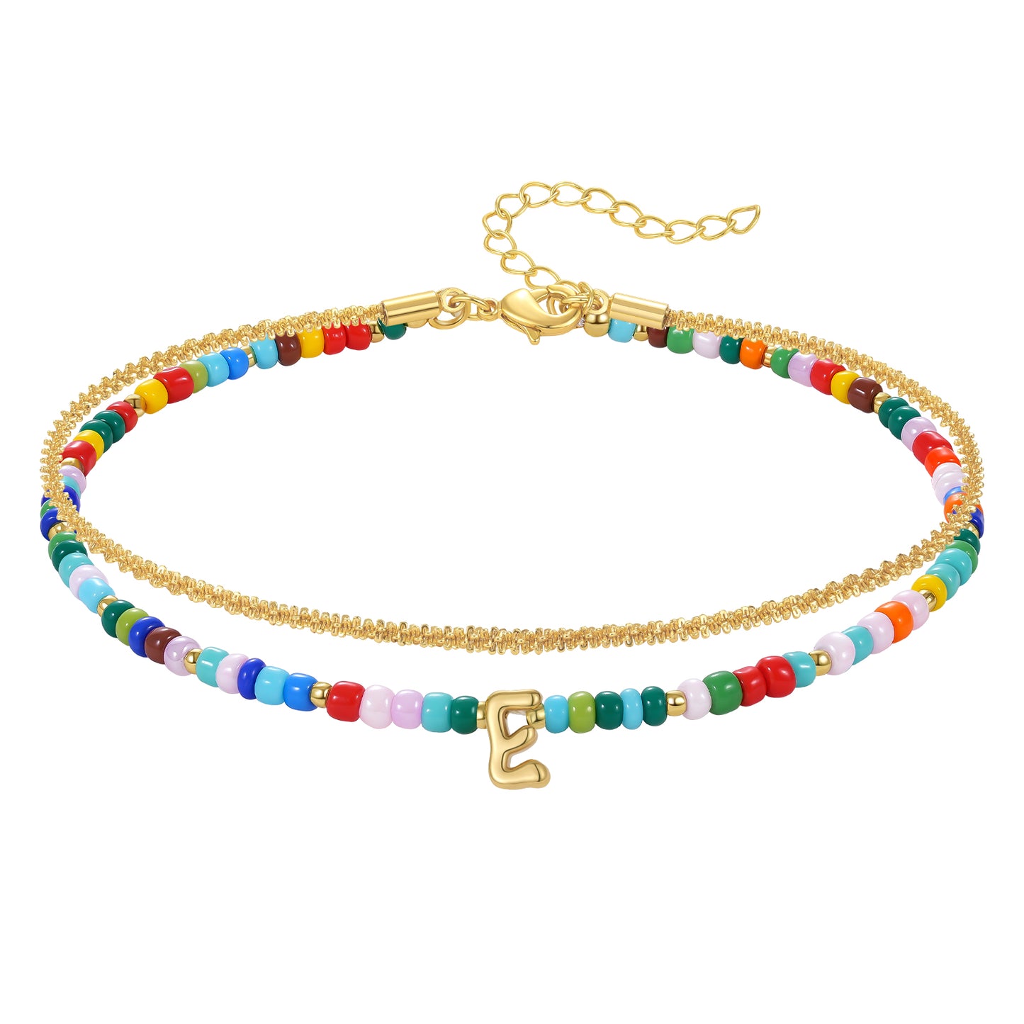 Initial Layered Colorful Beaded Anklet 14K Gold Chain
