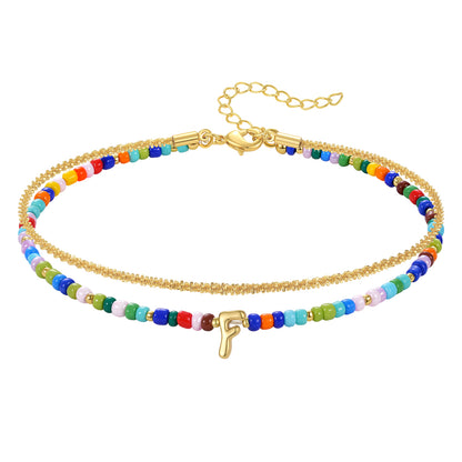 Initial Layered Colorful Beaded Anklet 14K Gold Chain