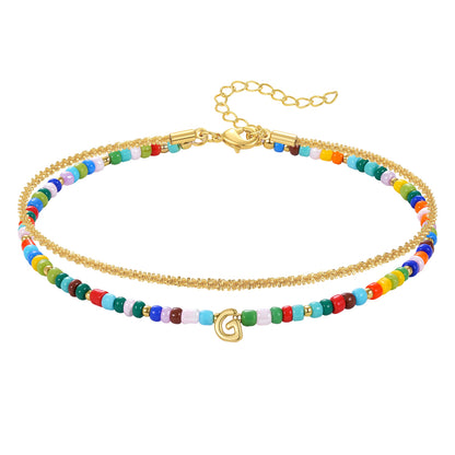 Initial Layered Colorful Beaded Anklet 14K Gold Chain
