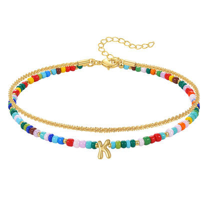 Initial Layered Colorful Beaded Anklet 14K Gold Chain