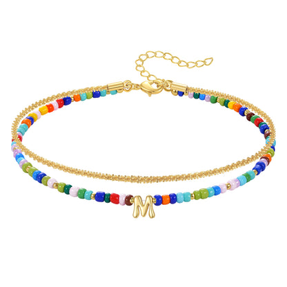 Initial Layered Colorful Beaded Anklet 14K Gold Chain