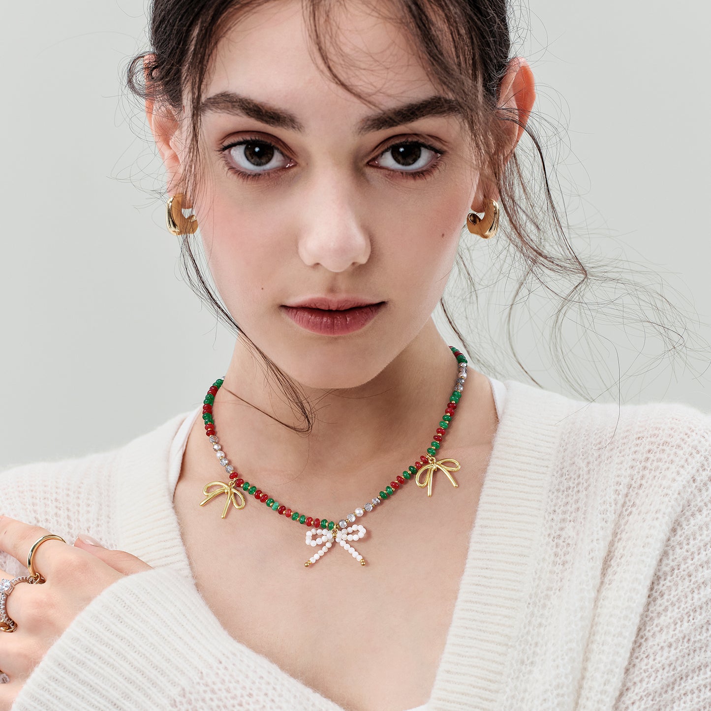 KissYan Christmas Bow Natural Bead Festival Necklace