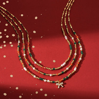 KissYan Christmas Bow Natural Bead Festival Necklace