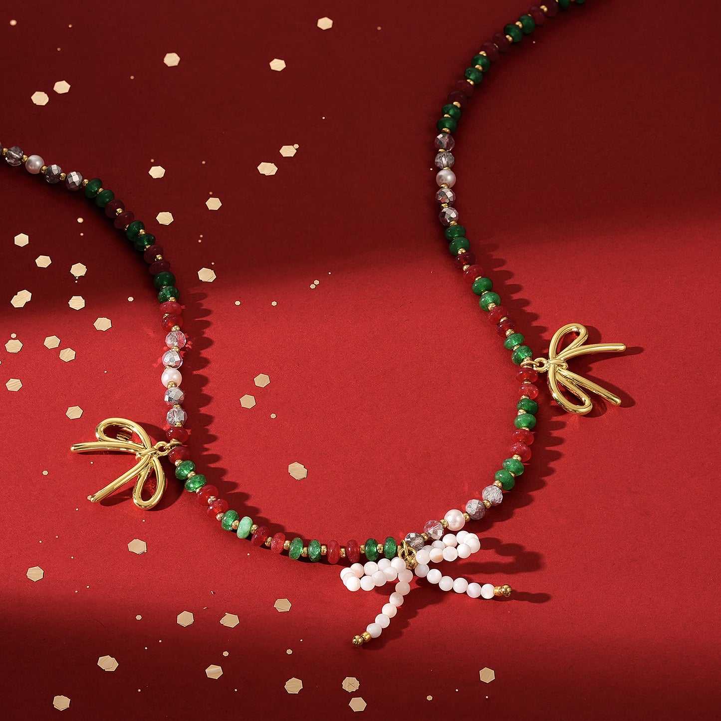 KissYan Christmas Bow Natural Bead Festival Necklace