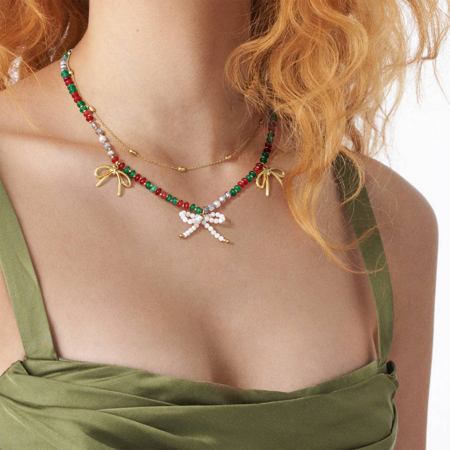 KissYan Christmas Bow Natural Bead Festival Necklace