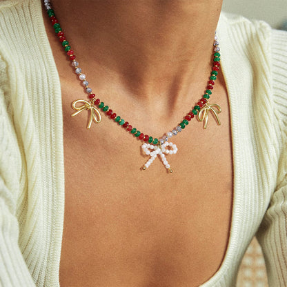 KissYan Christmas Bow Natural Bead Festival Necklace