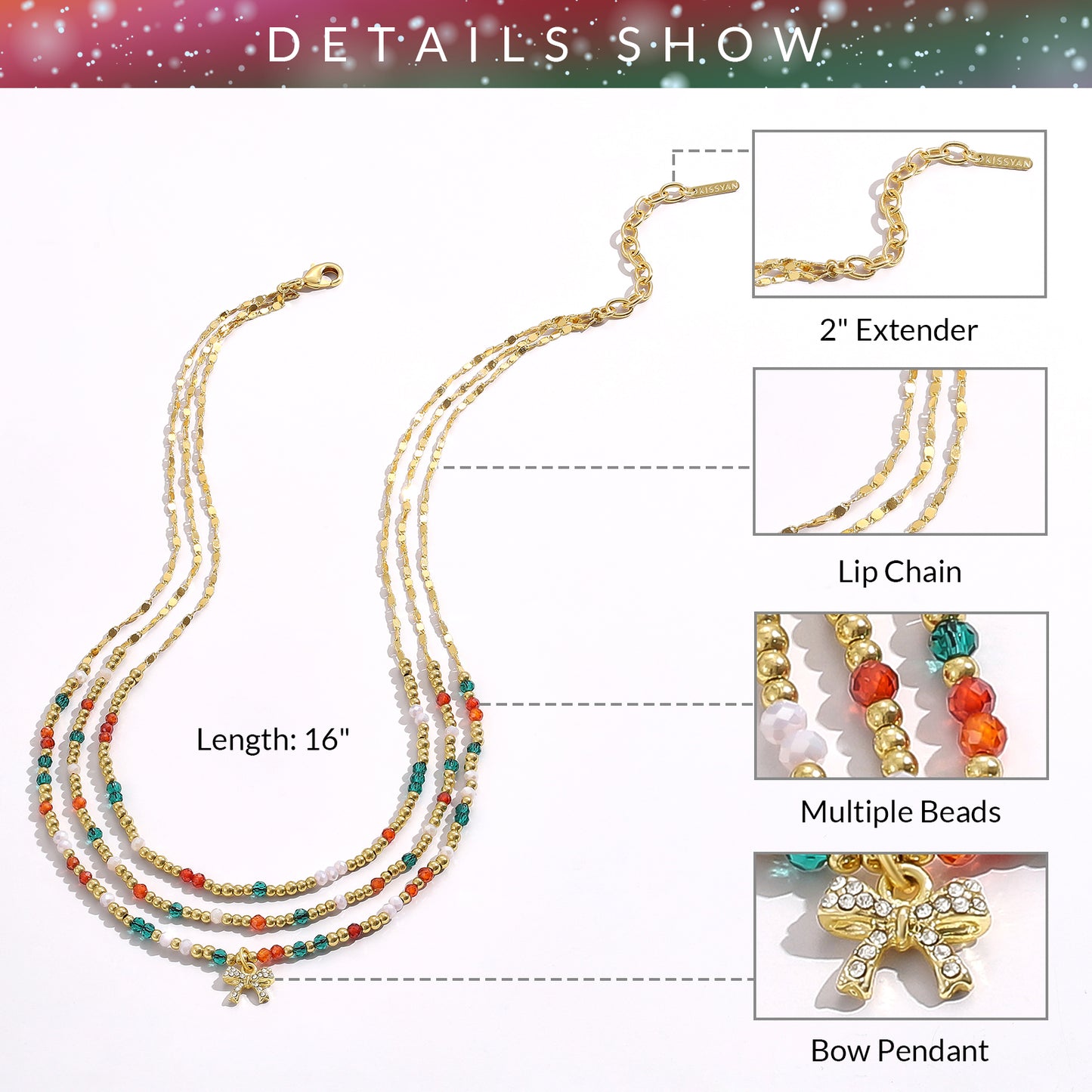 KissYan Christmas Bow Natural Bead Festival Necklace