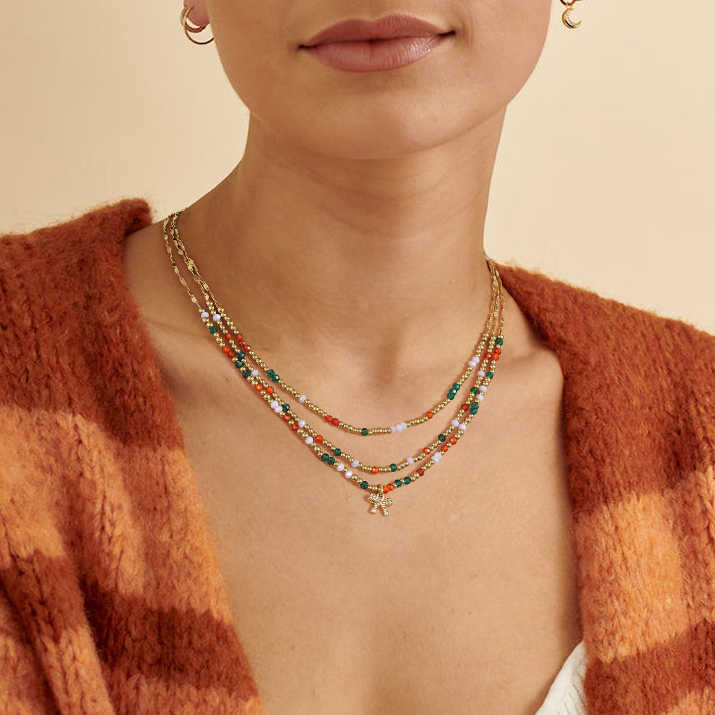 KissYan Christmas Bow Natural Bead Festival Necklace