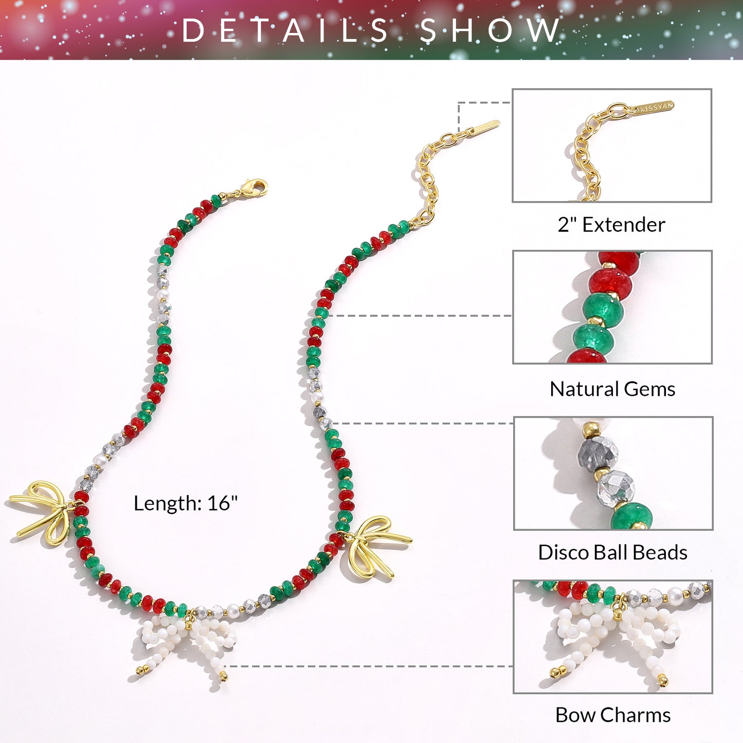 KissYan Christmas Bow Natural Bead Festival Necklace