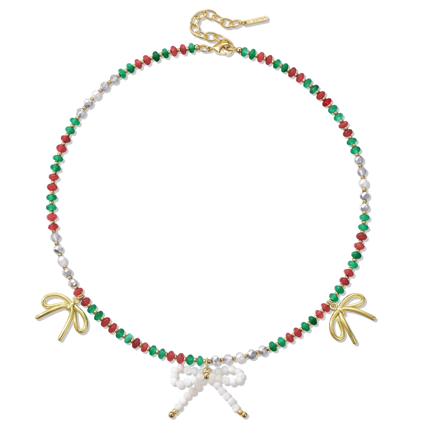 KissYan Christmas Bow Natural Bead Festival Necklace