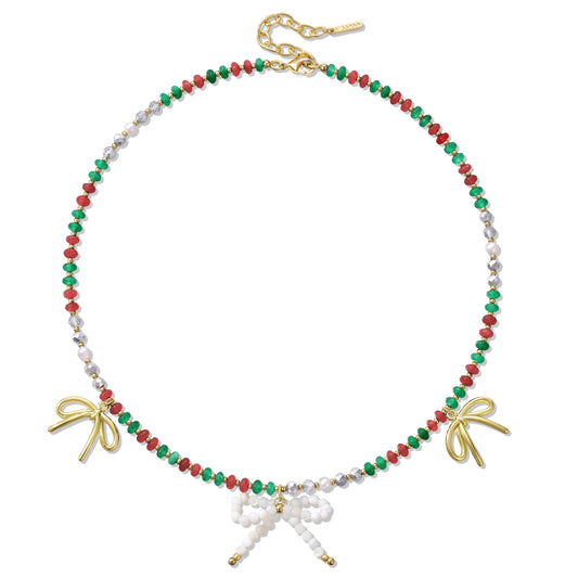 KissYan Christmas Bow Natural Bead Festival Necklace