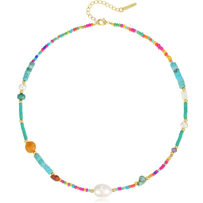Natural Beaded Colorful & Pearl Choker Necklace