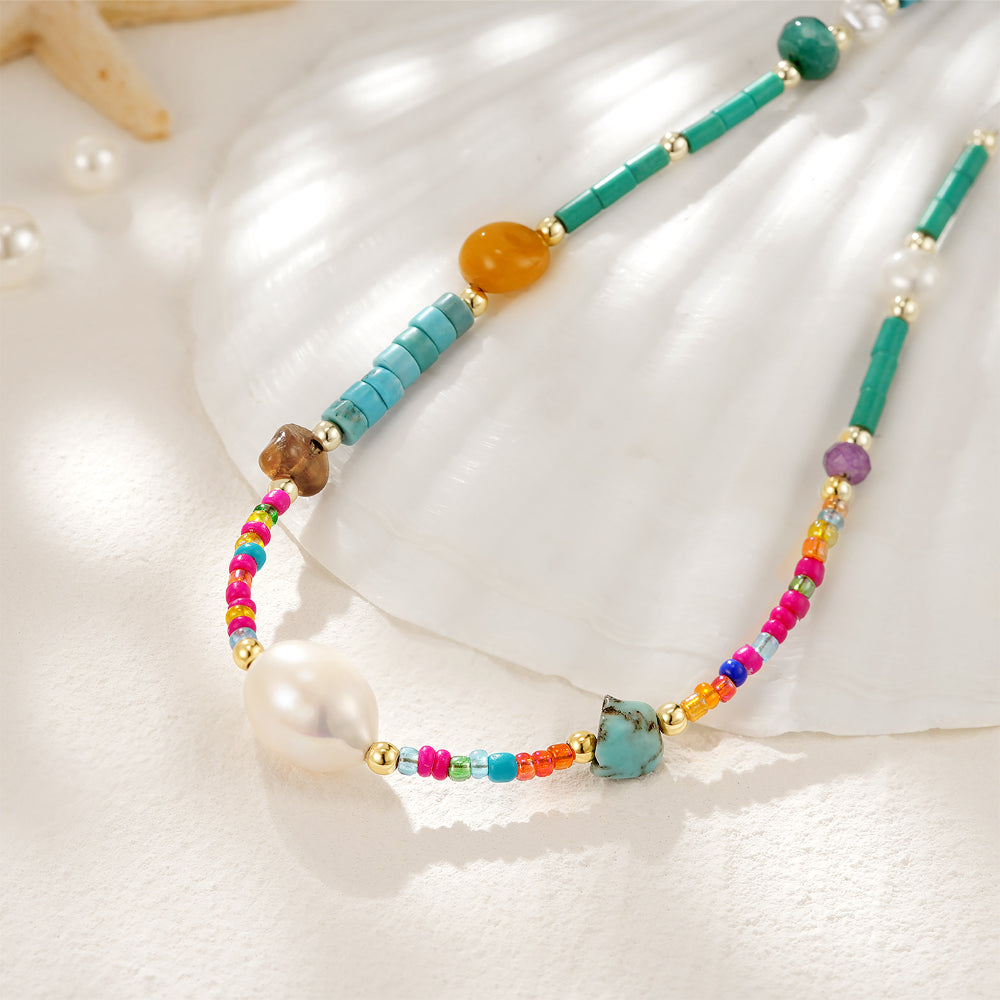 Natural Beaded Colorful & Pearl Choker Necklace