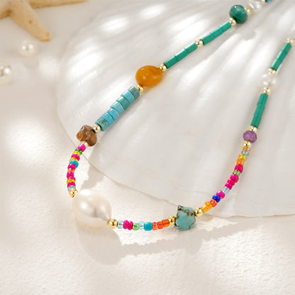 Natural Beaded Colorful & Pearl Choker Necklace