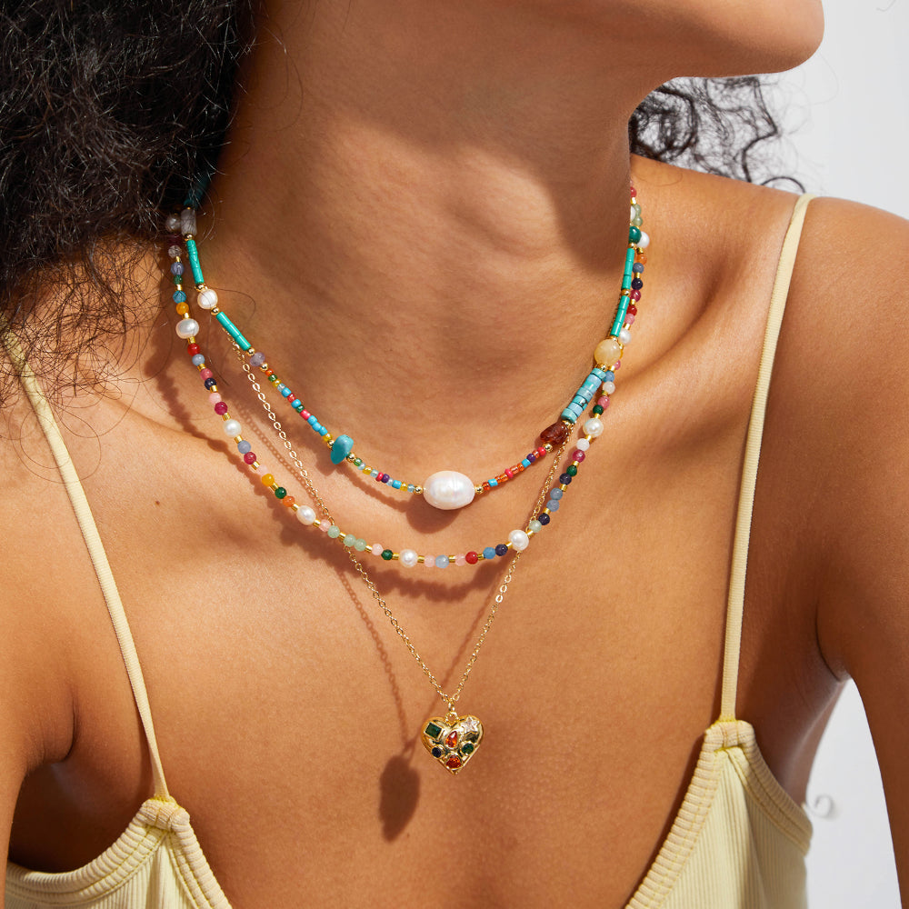 Natural Beaded Colorful & Pearl Choker Necklace