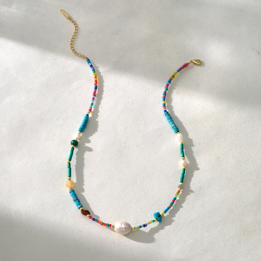 Natural Beaded Colorful & Pearl Choker Necklace