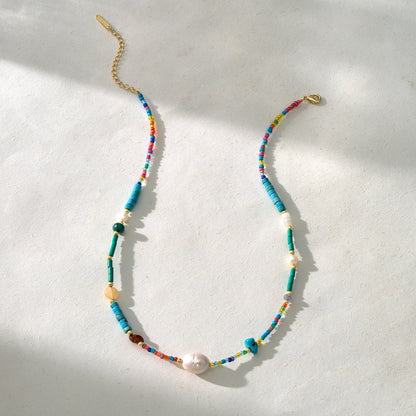 Natural Beaded Colorful & Pearl Choker Necklace