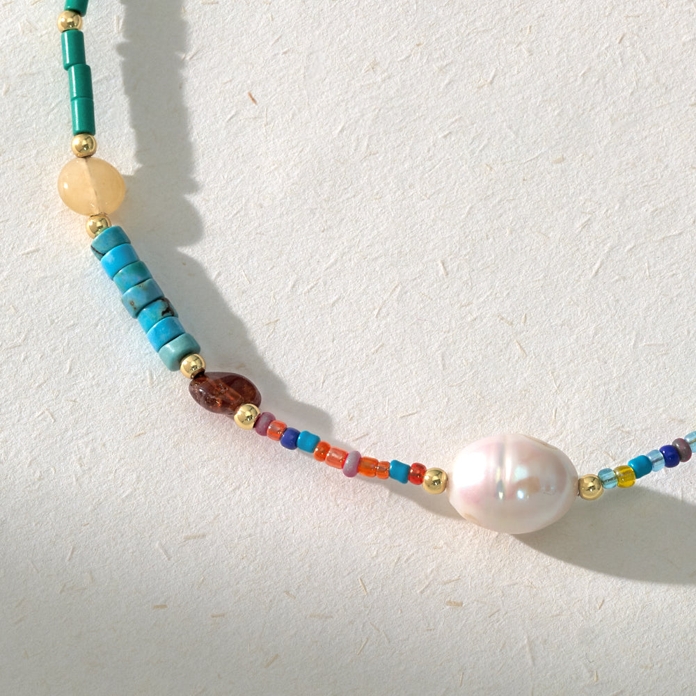 Natural Beaded Colorful & Pearl Choker Necklace