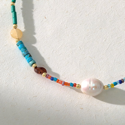 Natural Beaded Colorful & Pearl Choker Necklace