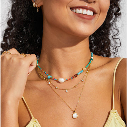 Natural Beaded Colorful & Pearl Choker Necklace