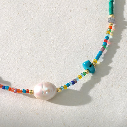 Natural Beaded Colorful & Pearl Choker Necklace