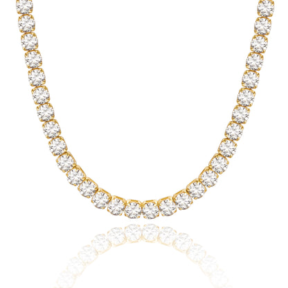 14K Gold Tennis Necklace with Round CZ against white backdrop