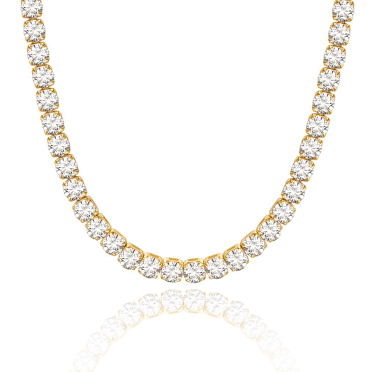 14K Gold Tennis Necklace with Round CZ against white backdrop