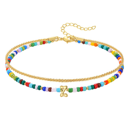 Initial Layered Colorful Beaded Anklet 14K Gold Chain