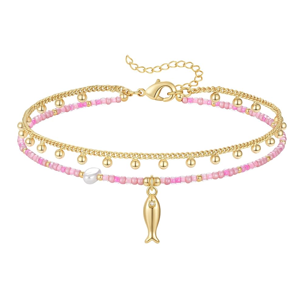Layered Beaded Anklet with Charm