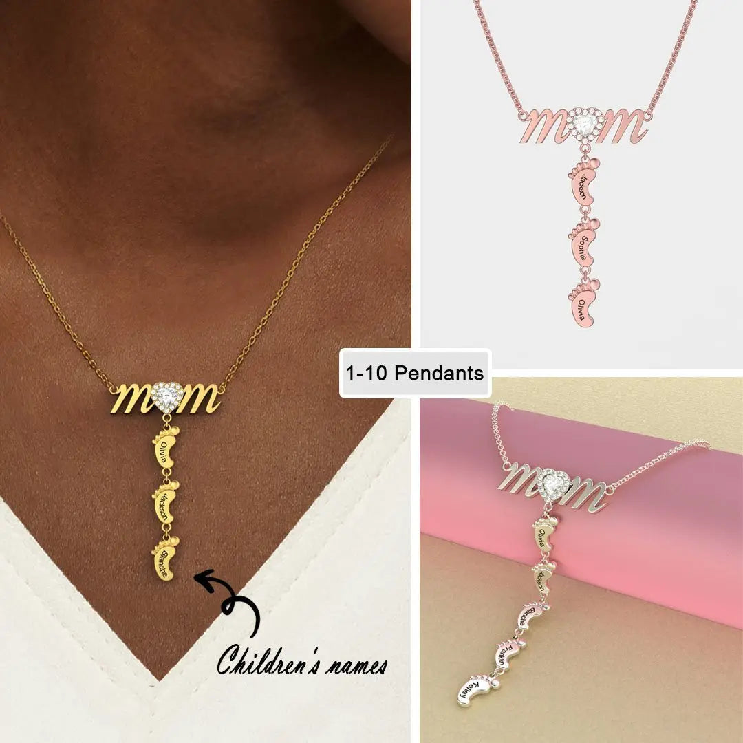 Personalized Baby Footprint Necklace for Mom with Custom Names