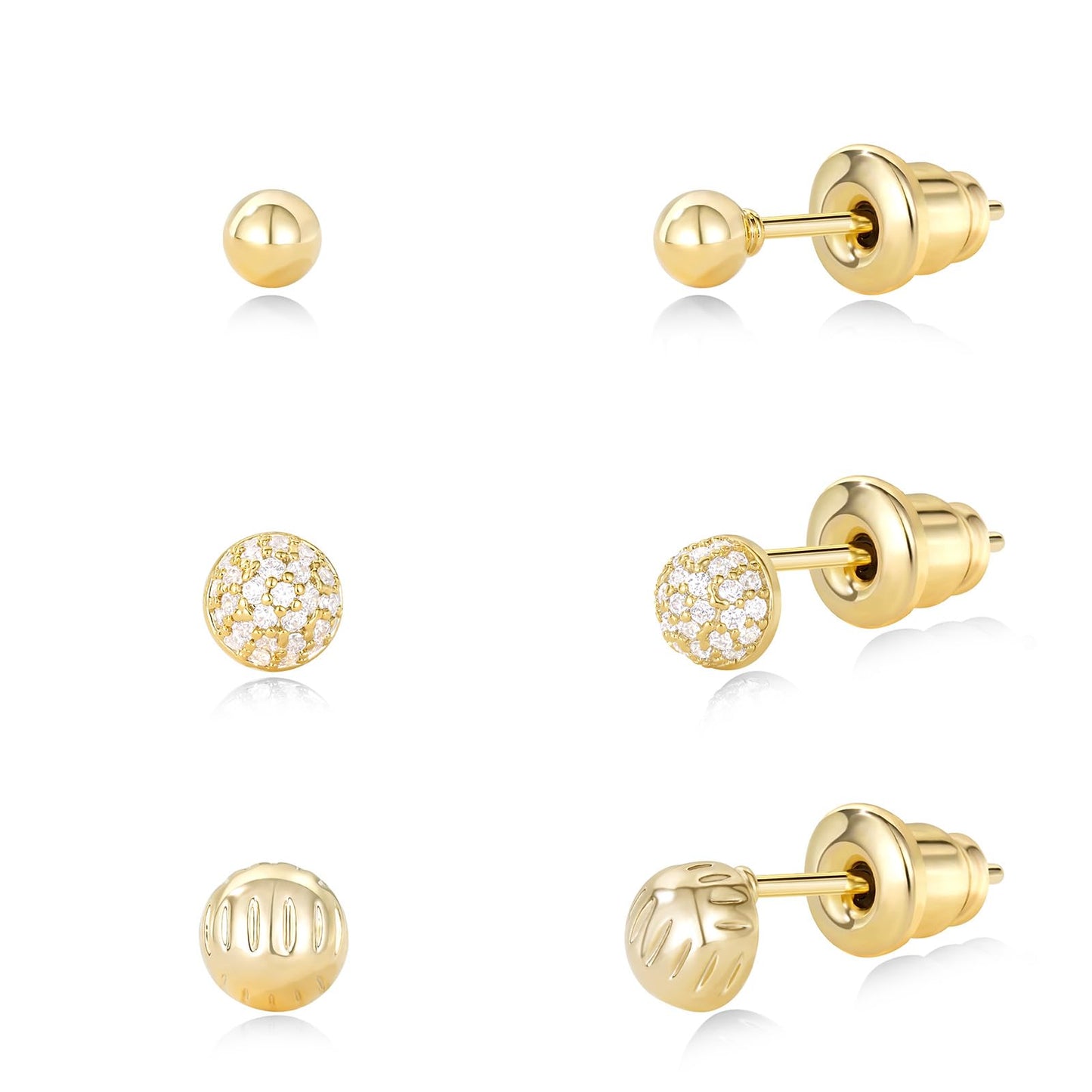 Gold Plated Stud Earrings 3 Pairs