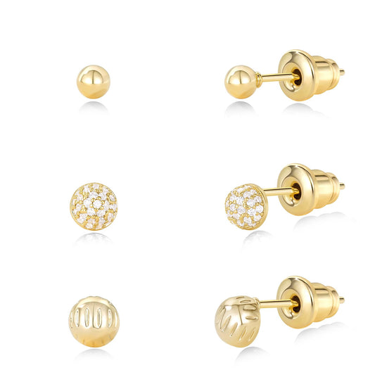 Gold Plated Stud Earrings 3 Pairs