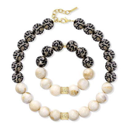 Leopard Print Resin Beaded Necklace and Bracelet Set