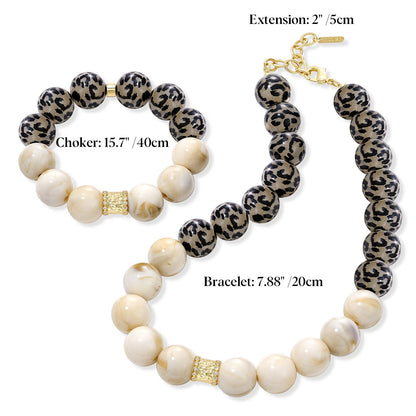 Leopard Print Resin Beaded Necklace and Bracelet Set